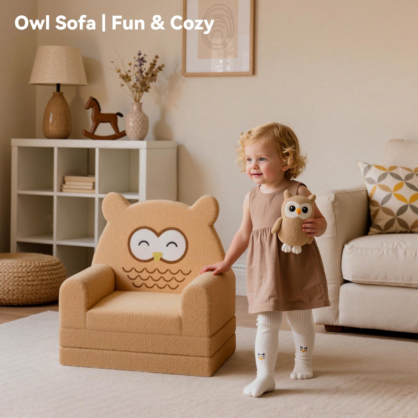Tivellary Toddler Couch, 3-Fold Convertible Kids Couch with Cute Owl Design, Fold Out Toddler Chair for 1-3 Years Old, Soft Baby Sofa Bed for Playroom, Washable Cover