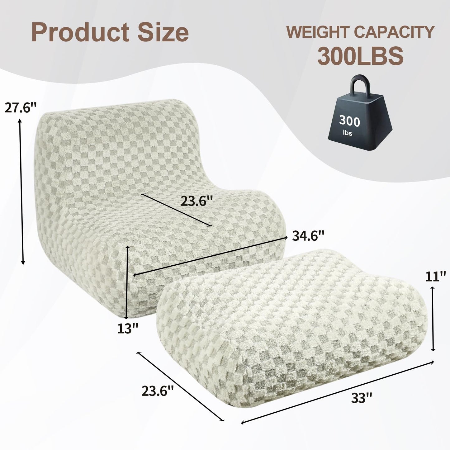 LOVMOC Bean Bag Chair with Footstool, Comfy Reading Sofa Chair for Adults, Modern Floor Sofa for Livingroom, Bedroom, Green