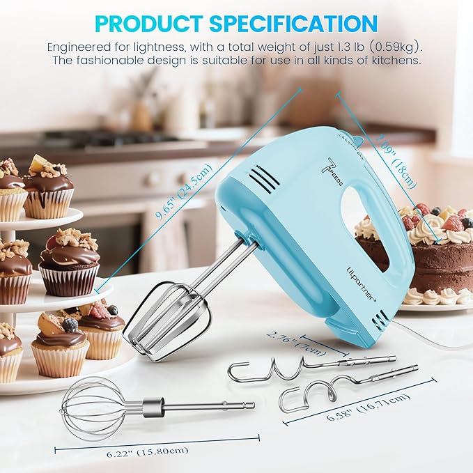 Hand Mixer Electric, Small Food Mixer 7 Speeds Handheld Blender,304 *(1* Whisk, 2* Beater, 2*Dough Hook) Kitchen Blender for Cream, Cookies, Dishwasher Safe, Blue