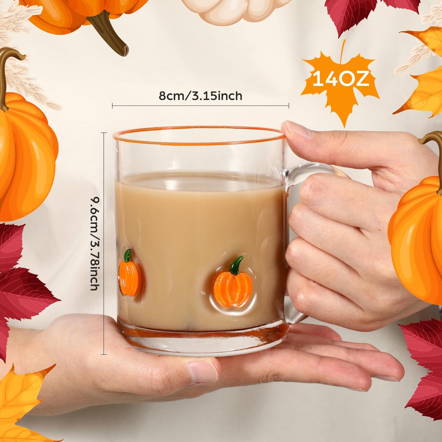 SiliFine 4 Pack Fall Glass Cups 14oz Pumpkin Mug with Handle Clear Drinking Glasses Double Old Fashioned Handblown Cocktail Glassware for Halloween Thanksgiving Autumn Gift(Pumpkin)