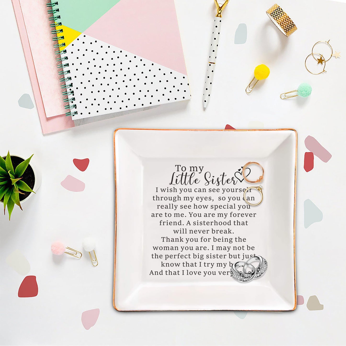 XJF To My Little Sister Ceramic Jewelry Dish, Friendship Gifts, Christmas Gift for Little Sister from Sisters, Happy Birthday Gifts for Little Sister