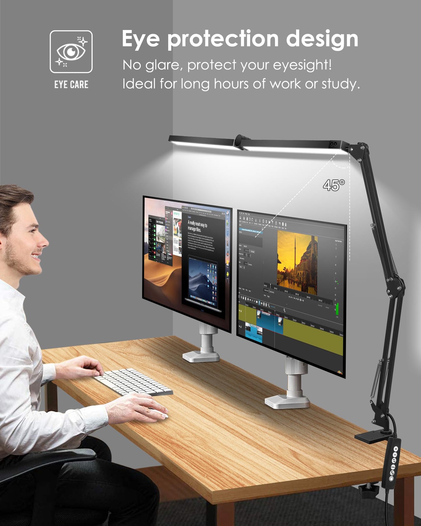 LED Desk Lamp with Clamp, Double Head with Remote Control, 55" Adjustable Swing Arm Architect Desk Lamp, Memory Function for Home Office, Workbench, Reading, Craft, Drafting