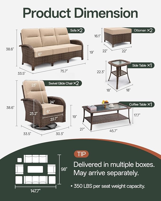 8-Piece Patio Furniture Set with 6-Inch Thick Cushions, High Back Outdoor Couch and Swivel Rocker Chairs, All-Weather Conversation Set for Porch, Deck, Yard, Pool in Beige