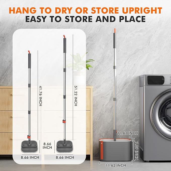 Upgraded Self-Standing Spin Mop and Bucket System, Detachable Inner Mop Bucket Separates Dirty Water & 90° Foldable Head, Triple-Scrub System, 0.9Gal Dual Drainage, for Hardwood Floors (Gray 2 Pads)