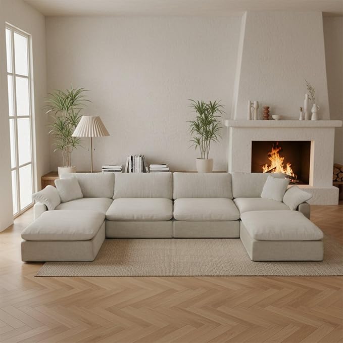 Forest aesthetics Modern Modular Sectional Sofa U-Shaped 6-Seat with Ottoman,Light Beige-Extra Comfty Deep Seat Couch for Living Room,Apartment,Office & Small Spaces