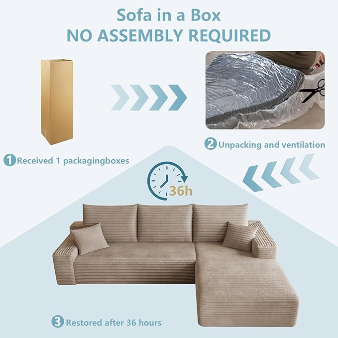 95" Cloud Sectional Couch with L-Shape Chaise, Modern Corduroy Boneless Couch for Living Room,Memory Foam Sofa with Deep Seat,No Assembly Required (Dark Camel,Right-Facing Chaise)