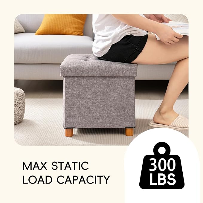PINPLUS Storage Ottoman Cube, White Linen Footrest with Wooden Legs, Foldable Fabric Footrest, Comfortable Seat with Lid, Ottoman with Storage for Living Room, 15" x 15" x 15",Grey