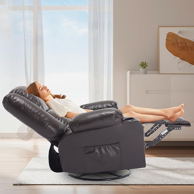 Massage Swivel Rocker Recliner with Heat, Brethable Leather Rocking Recliners Chair for Living Room, Modern Manual Recliner with Cup Holders, Overstuffed Single Sofa Chairs for Adults, Red Brown