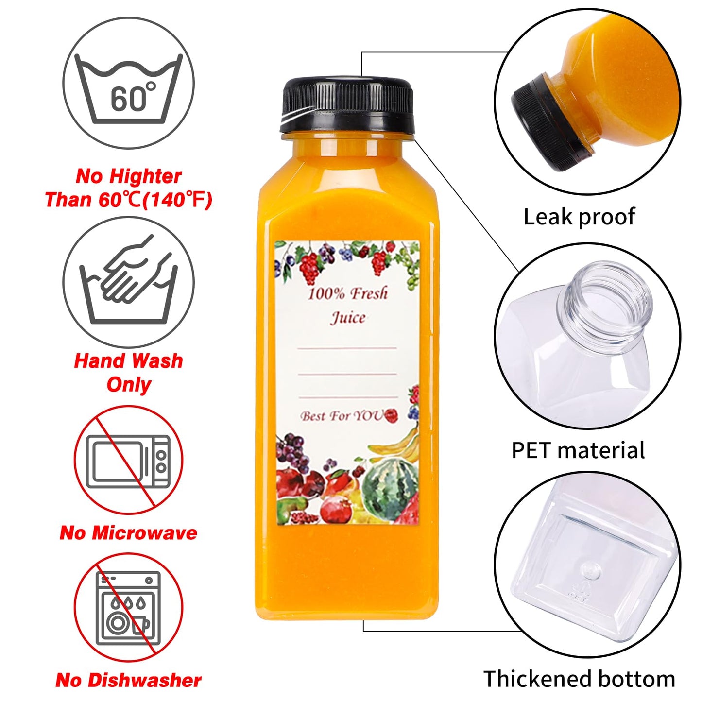 SUPERLELE 20pcs 16oz Juice Bottles, Plastic Juicing Bottles with Caps, Clear Drink Containers with Lids for Drinking, Smoothie and Other Beverages