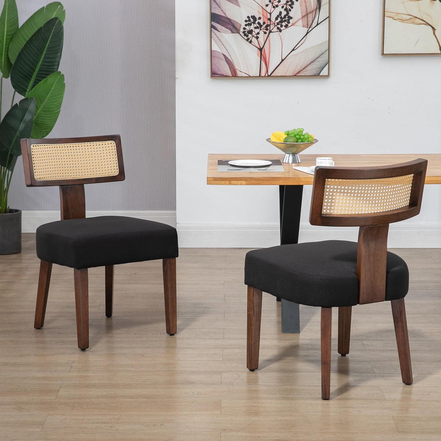 ZJhome Upholstered Rattan Dining Chairs Set of 4, Mid-Century Modern Fabric Dining Room Chairs with Brown Hardwood Frame, Curved Backrest Kitchen Armless Accent Chairs for Living Room (Black)