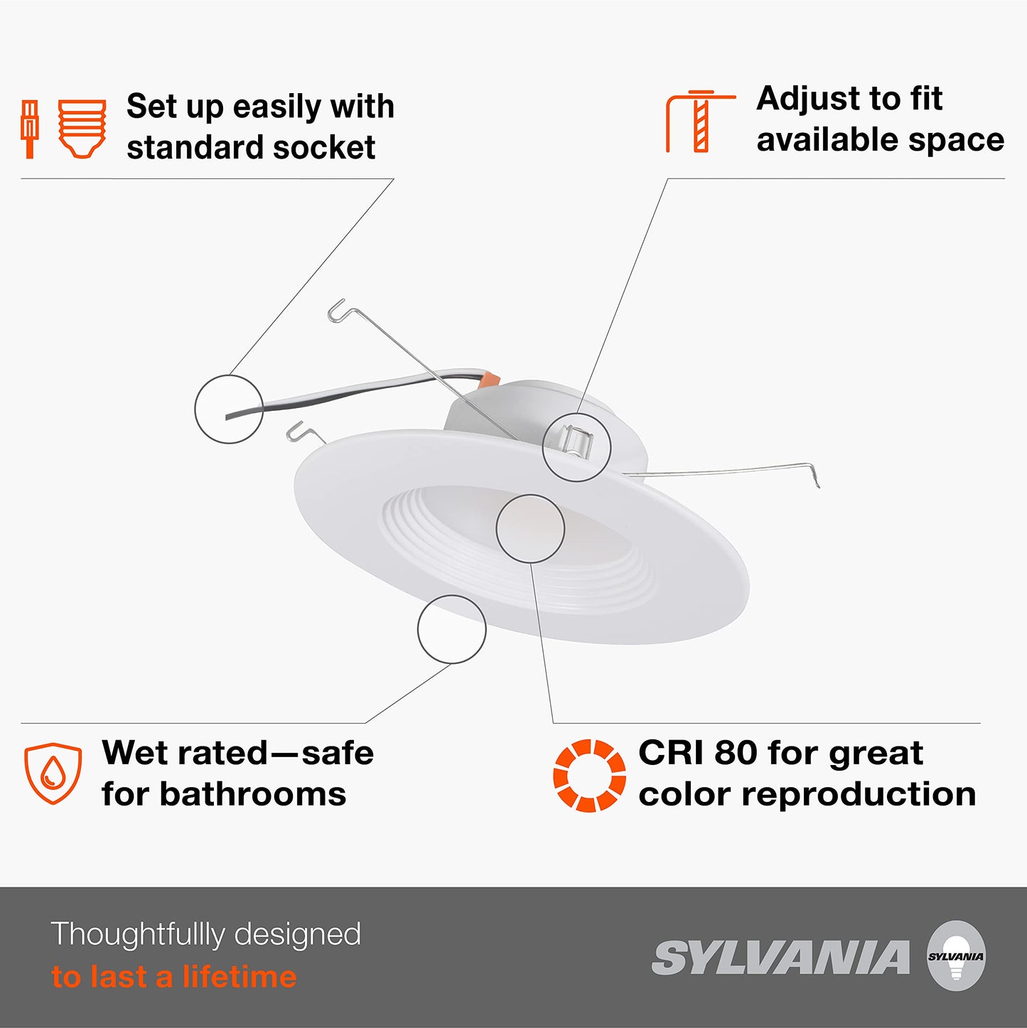 LEDVANCE Sylvania 5”/6” LED Recessed Lighting Downlight with Trim, 8.5W=65W, Dimmable, 675 Lumens, White 3000K, Wet Rated/UL/Energy Star – 12 Pack (62236)