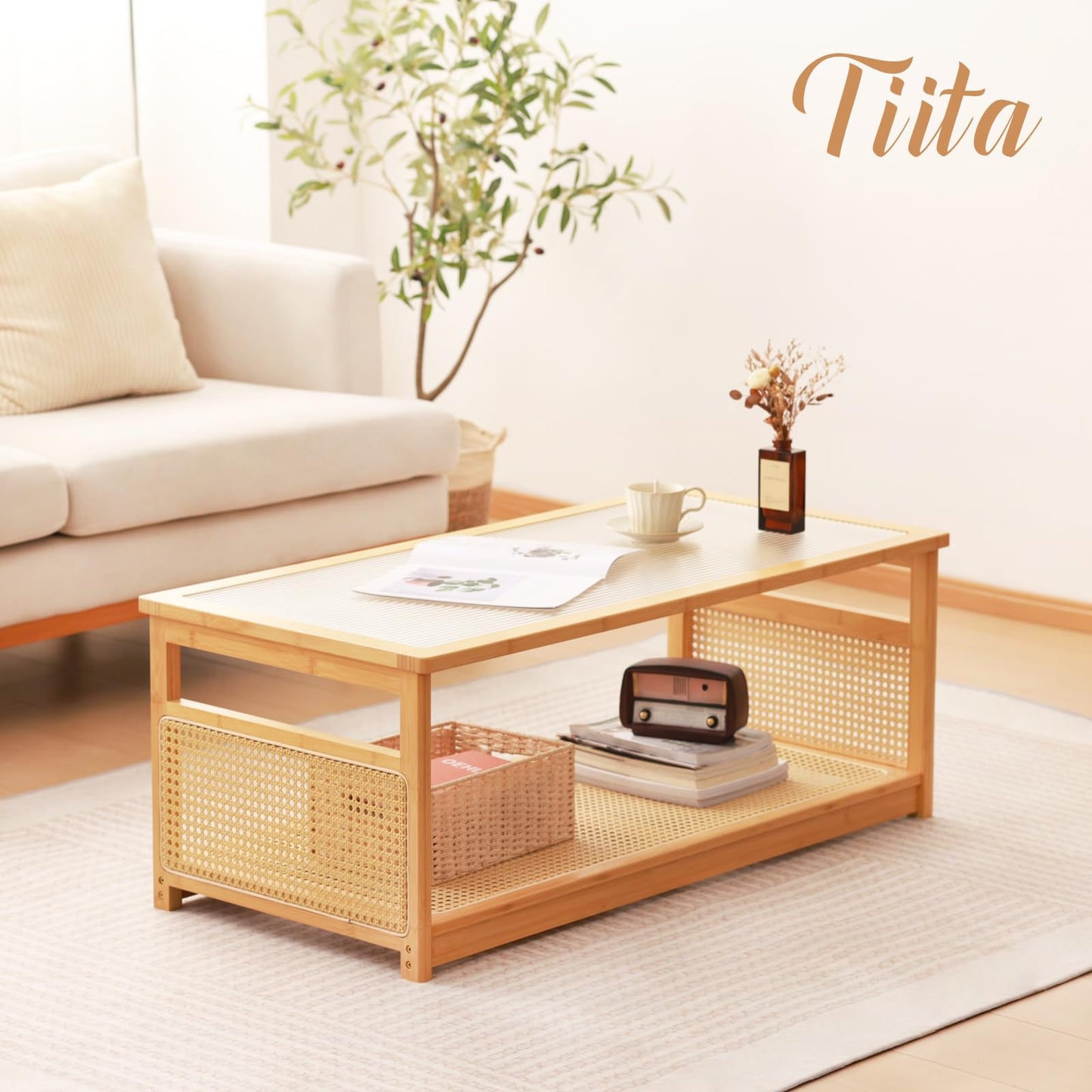 Tiita Coffee Tables for Living Room,Mid Century Modern Storage 2-Tier Coffee Tables,Rattan Glass RectangleTables,Suitable for Living Room Apartment,Wood