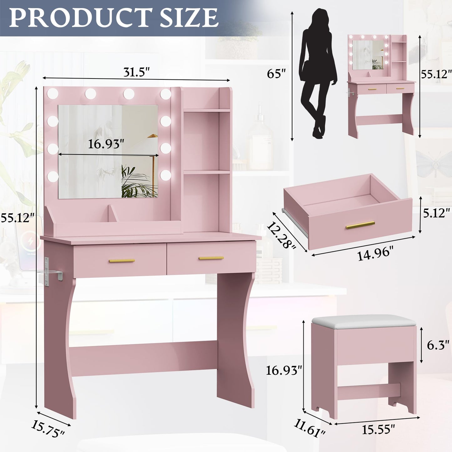 BORNOON Makeup Vanity Desk with Mirror and Lights, Small Makeup Vanity Table Set with Drawers, Power Outlet & Storage Stool, White Vanity with 3 Lighting Modes LED for Women Girls Bedroom