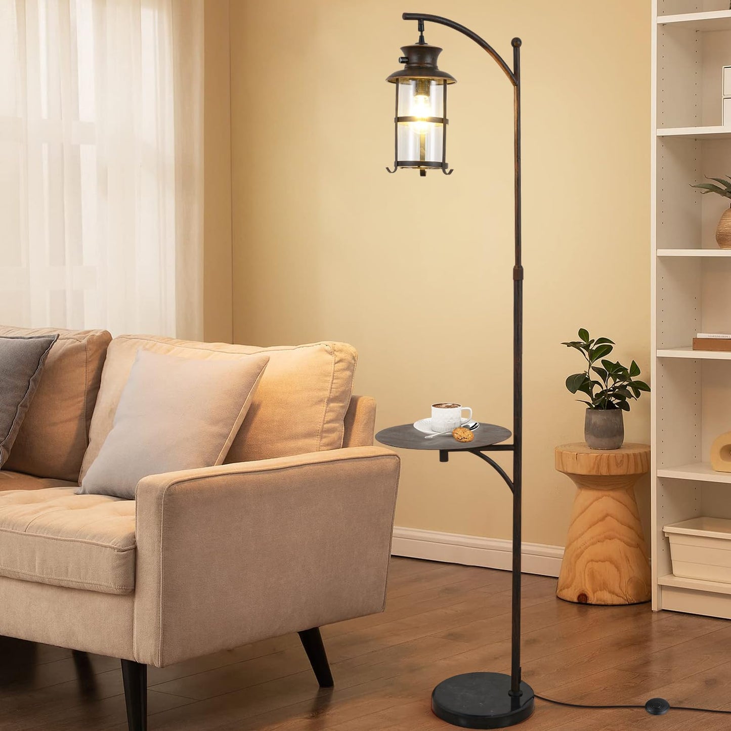 beaysyty Farmhouse Retro Adjustable Floor Lamps with Tray Lantern Tall Standing lamp for Bedroom Home Decor for Office Living Room Bedroom, Knob Switch (Rust)