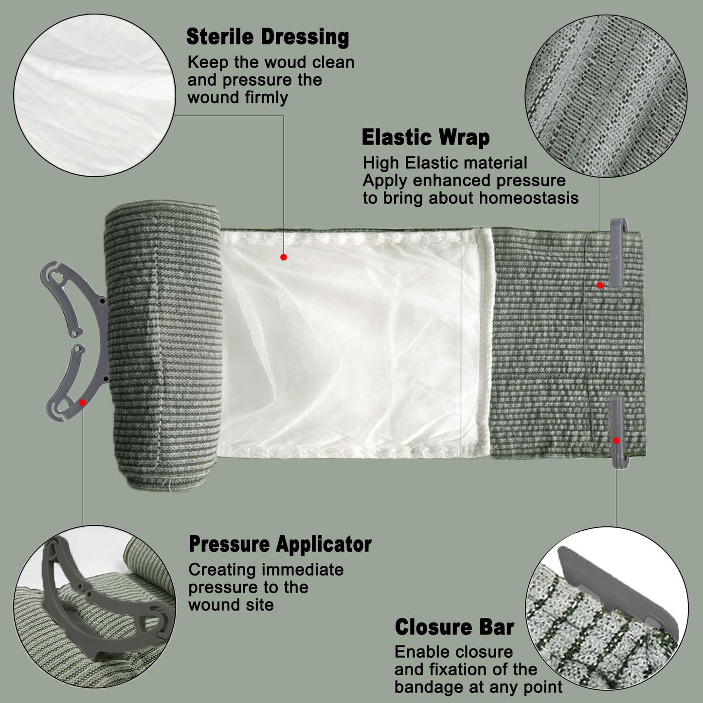 Israeli Emergency Bandage, 6" 4Pack Compression Bandage, Trauma Wound Dressing, Sterile Vacuum Sealed Packaging for Bleeding Control, Medical Trauma Kit, Combat Tactical First Aid IFAK Supplies