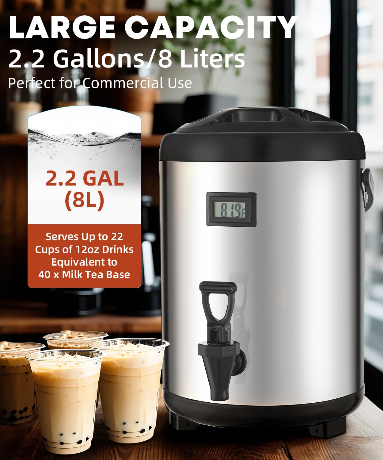 THXSUN Insulated Beverage Dispenser with Spigot,2.2 Gallon/8L Coffee and Drink Server,Non-electric Thermal Hot and Cold Beverage Dispenser for Juice Chocolate Tea Milk