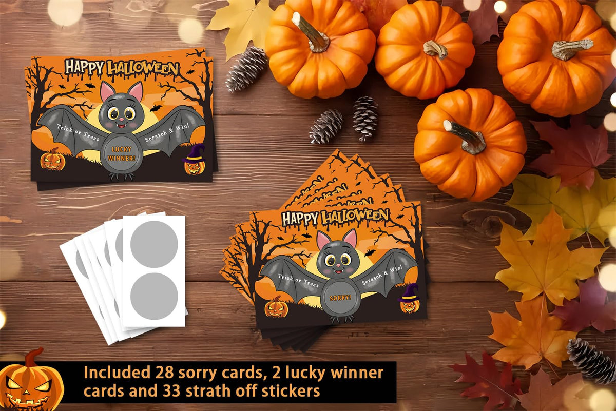 HEYINSHEN 30 PCS Halloween Scratch Off Cards Funny Bat Halloween Party Game Scratch Off Cards for Kids Adults, Trick or Treat Halloween Party Game Scratch Off Cards with Stickers Party Supplies