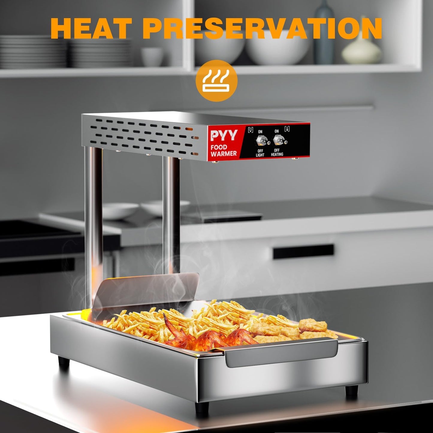 PYY Commercial French Fry Warmer - Food-Grade 304 Stainless Steel Countertop Free-Standing Heat Lamp, 450W with Removable Drip Pan, One-Button Operation for Chips Churros Fried Foods, Silver