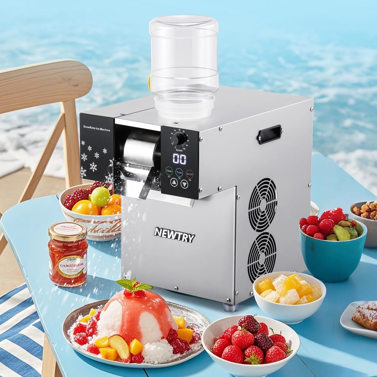 NEWTRY Commercial Snowflake Ice Machine 198lb/Day Shaved Ice Machine 500W Snow Cone Maker Air Cooling Speed Adjustable Ice Crusher 110V US