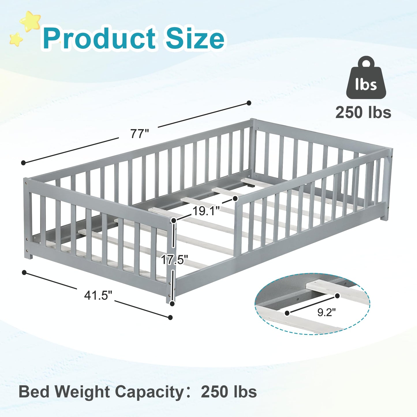 Lyngins Twin Size Floor Bed for Kids Montessori Bed Frame with Wood Slats, High Fence Floor Bedframe Twin Beds for Boys, Girls, No Doors, Gray