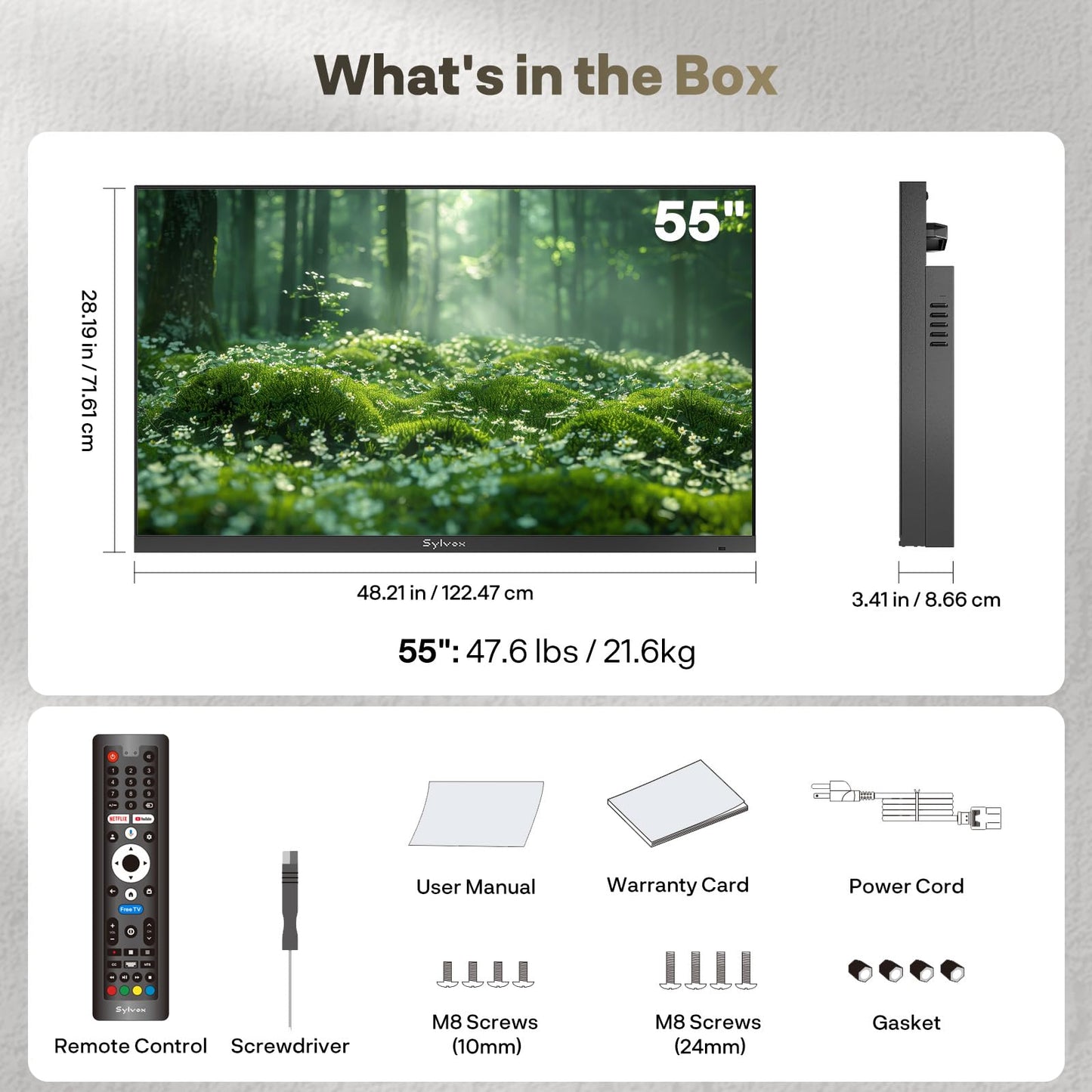 SYLVOX 55 inch Outdoor TV, Ultra-Narrow Bezel, 4K Smart Google TV, 1000 nits Partial Sun, IP56 Waterproof, Dual Speakers, All-Weather Metal Chassis for Patio, Deck, Backyard (Frameless Series)