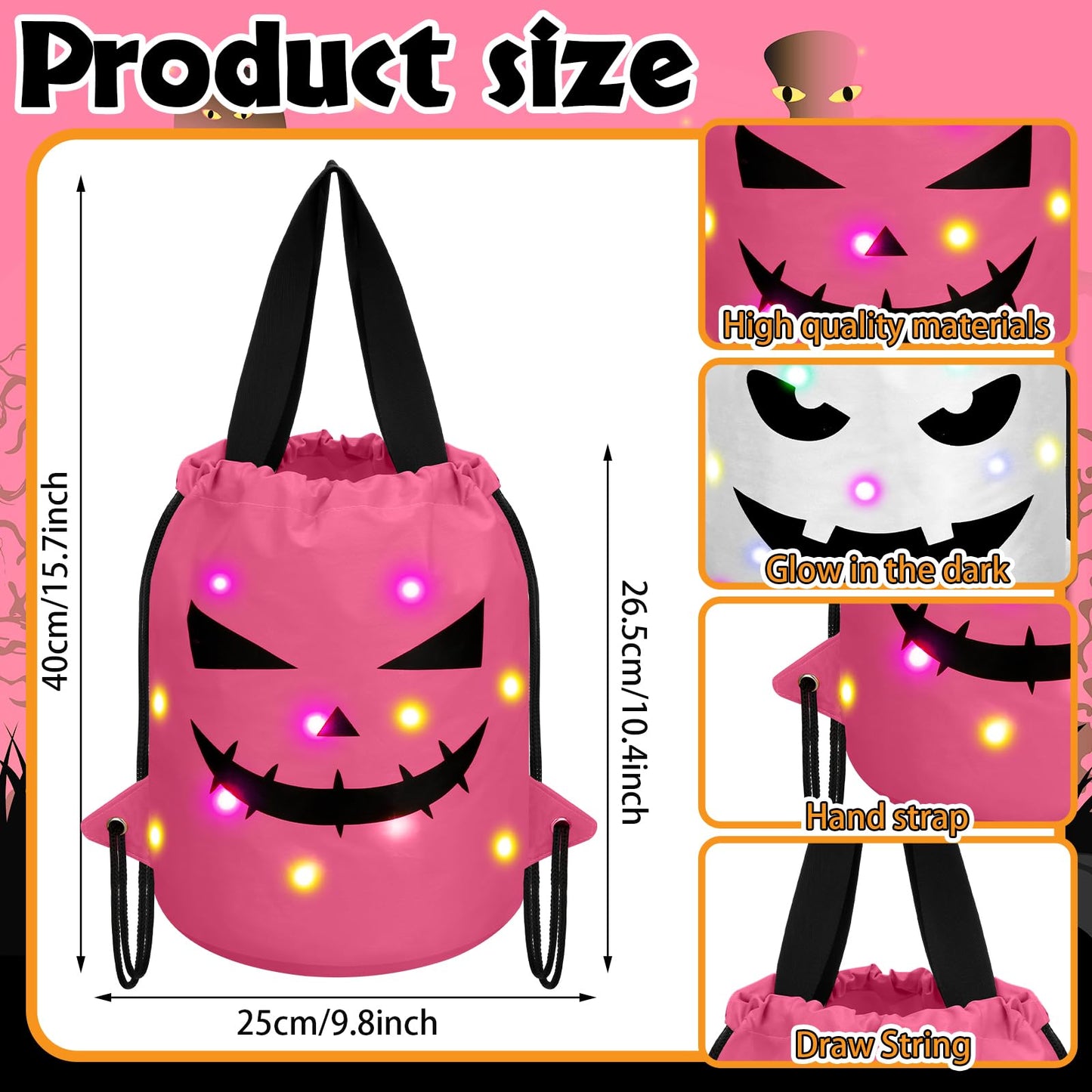 Talltalk 3 Pcs Halloween Light up Bucket LED Treat Drawstring Bags Multipurpose Reusable Pumpkin Candy Goodies Bucket for Kids Halloween Supplies Favors(White, Pink, Dark Pink)