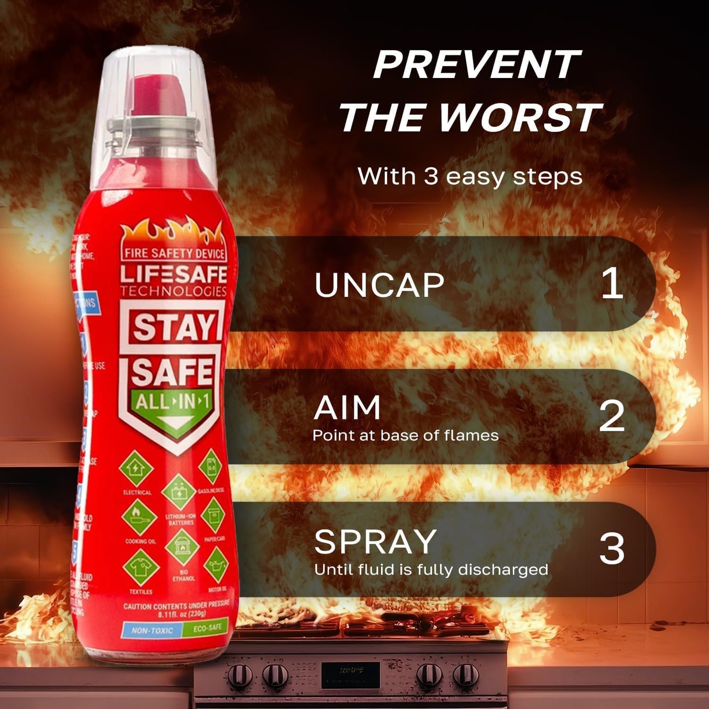 LifeSafe StaySafe All-in-1 Portable Fire Extinguisher with Signature Series Fire Blanket, Compact Emergency Fire Spray, Flame Suppression Fiberglass, Eco-Friendly | for Home Safety