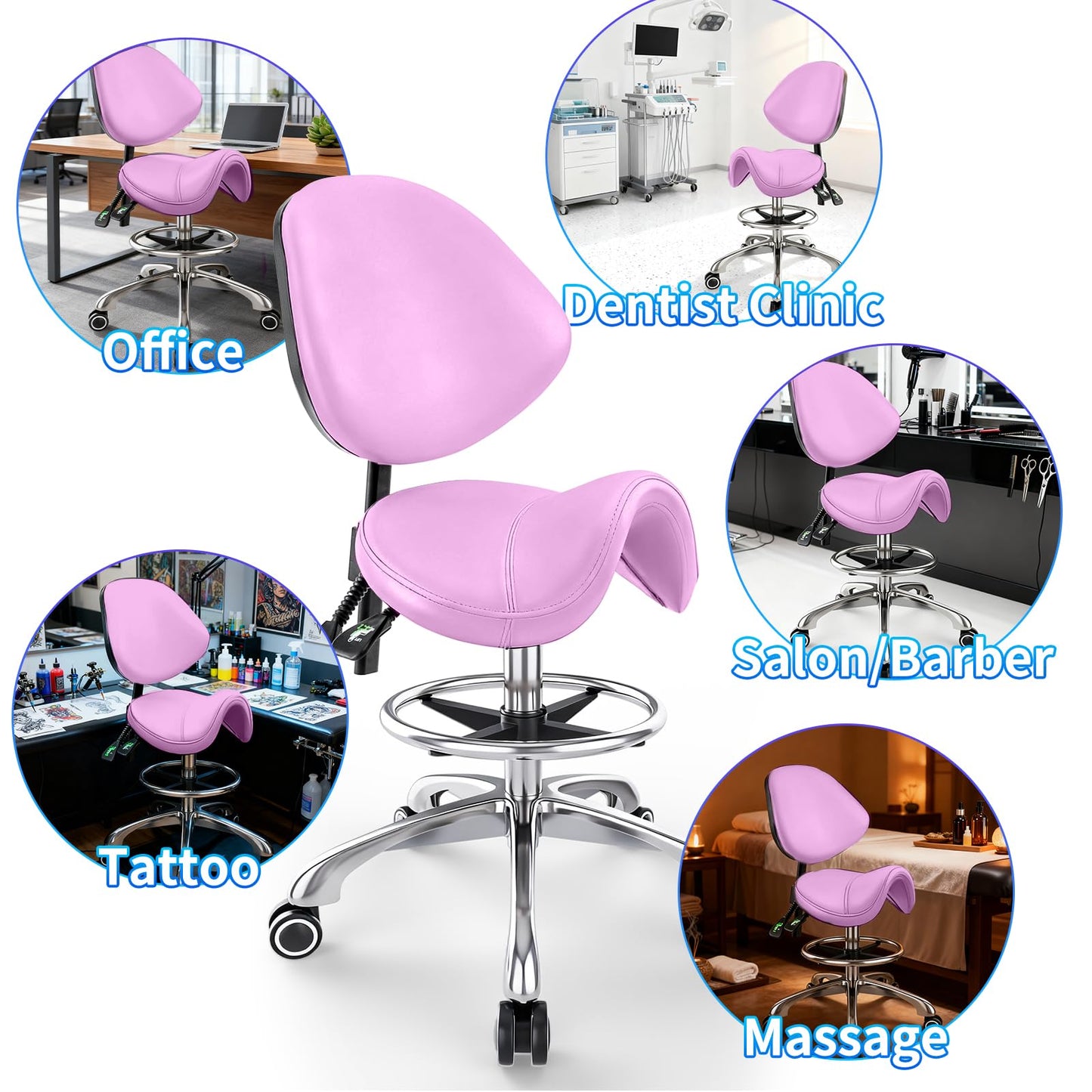 Saddle Chair with Back Support - Tilted Backrest, Adjustable Foot Rest, 350 LBS Capacity Ergonomic, 360Β° Swivel Drafting Chair for Salon, Spa, Massage, Tattoo, Facial lash, Home,οΌMacaron PurpleοΌ