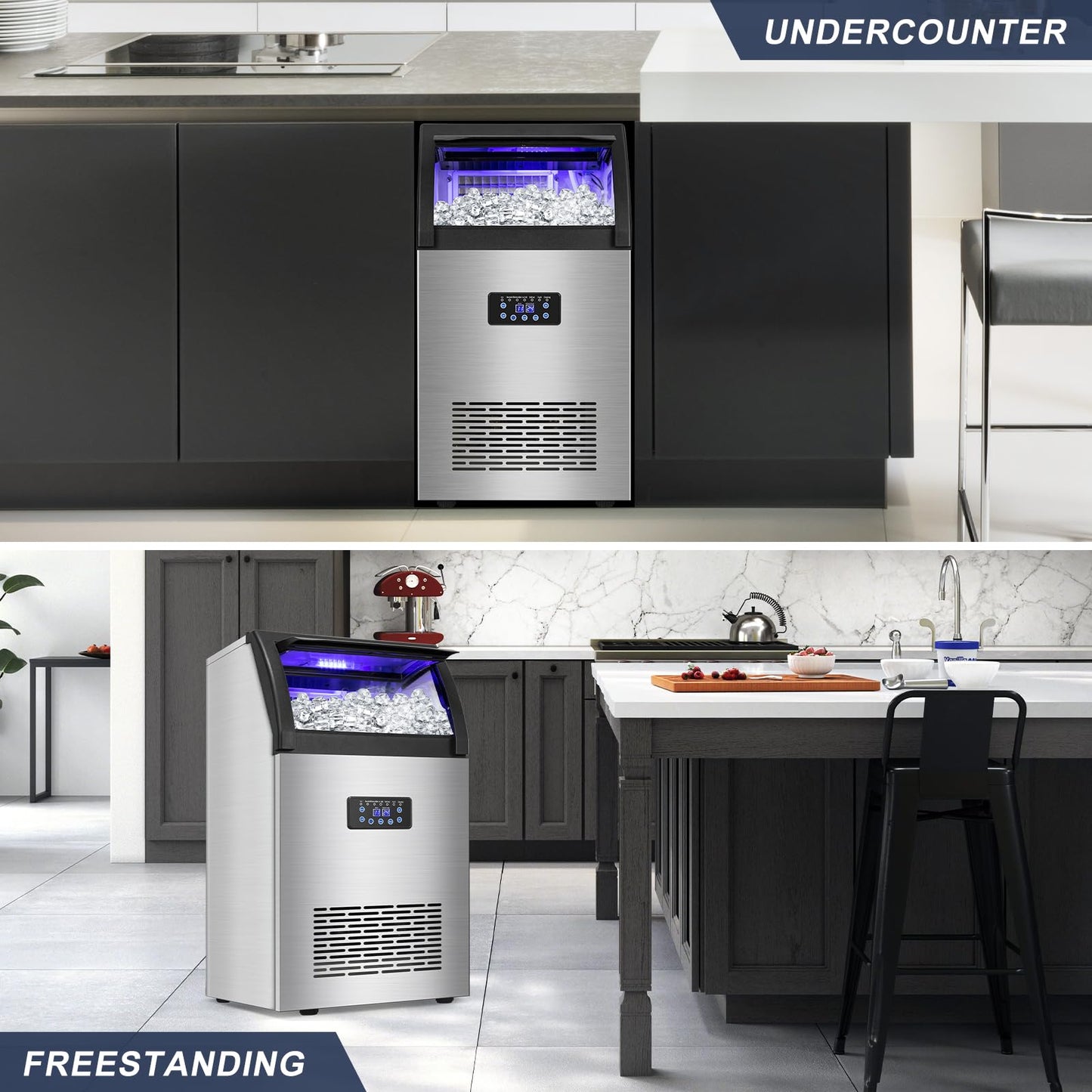 Commercial Ice Maker Machine 150LBS/24H, 45LBS Storage Bin, 55 Ice Cubes Ready in 8 Mins, Freestanding Ice Machine with Tap Water Inlet, Auto Cleaning, for Home Bar Office Restaurant