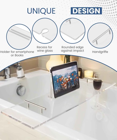 Ezcasch Acrylic Bathtub Tray Clear Bathtub Caddy Bath Tray Table for Tub Luxury Spa with Book and Wine Glass Holder Bathroom Accessories for Bathroom Decoration, Transparent 39.3inch