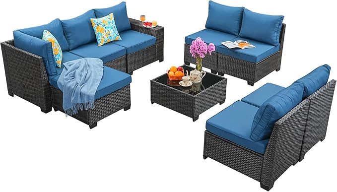 SunloungeCo 9 Pieces Outdoor Patio Furniture Set, Wicker Conversation Sets with Tea Table, Rattan Patio Sofa with Thick Cushions for Garden, Backyard Porch, Poolside,Peacock