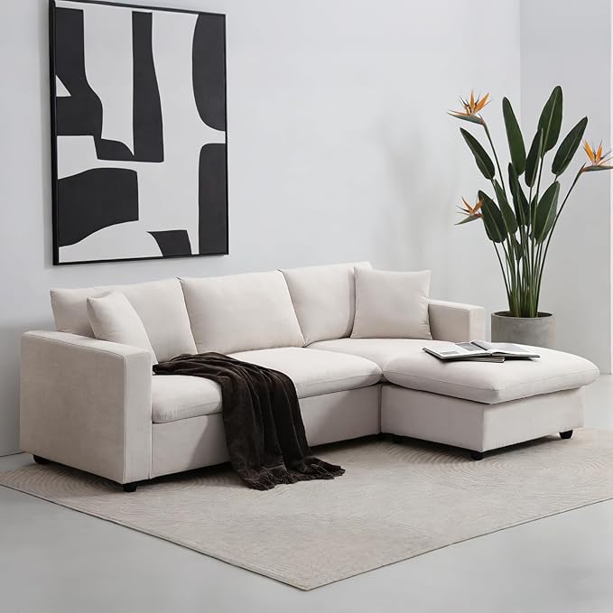 KIVENJAJA Beige Cloud Couch for Living Room Apartment Small Spaces, Linen L Shaped Modular Sectional Sofa with Convertible Ottoman Chaise, Modern Minimalist, Metal Frame, 100.4" W 3 Seater