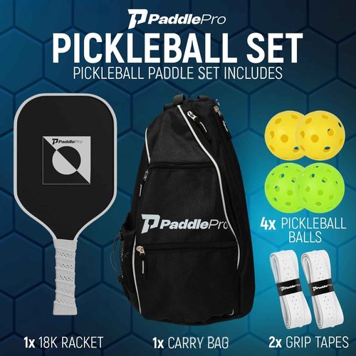 PaddlePro 18K Carbon Pickleball Paddle Set: Lightweight Pickleball Paddle with 4 Balls, Bag & Grip Tapes | Paddles Set for Men, Women & Adults