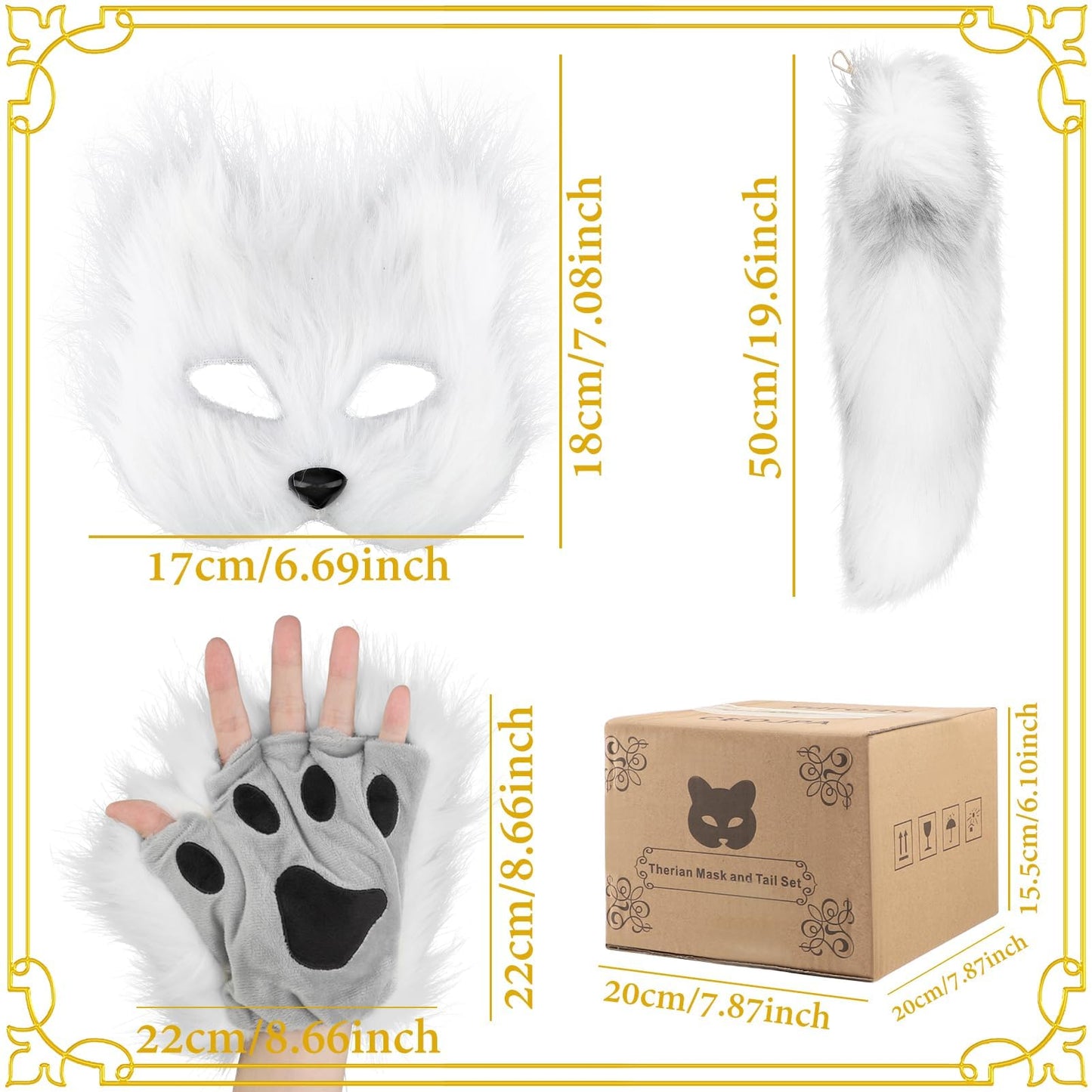 Furry Therian Mask and Fox Tail Gloves Set for Girls, Cat Mask Therian, Wolf Therian Gear, Tharian Costumes (White)
