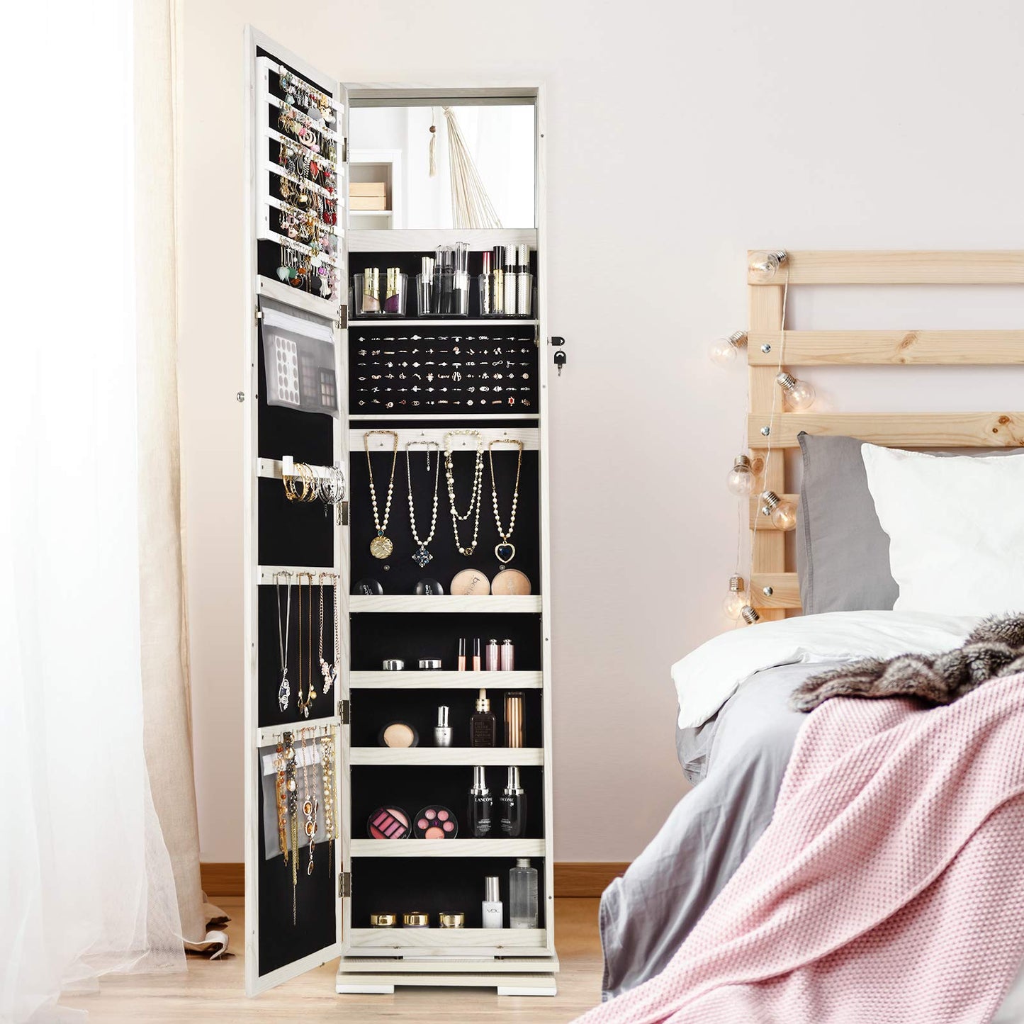 FANTASK 360°Rotating Jewelry Cabinet, Lockable Standing Jewelry Organizer w/Full Length Mirror, Inside Mirror & Rear Storage Shelves, Large Storage Capacity, Jewelry Armoire w/Mirror for Bedroom