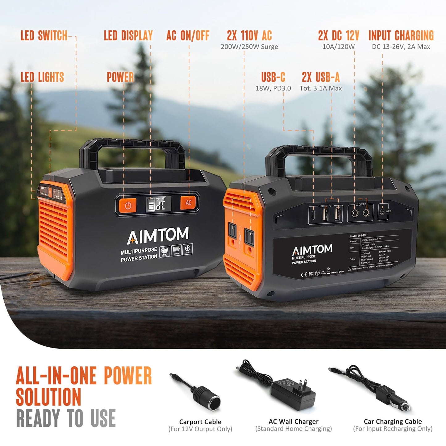 Aimtom 200W Portable Power Station With 30W Solar Panel Bundle - 173Wh Lithium Battery, 250W Peak Ac, Usb-A, Usb-C And 12V Dc Ou