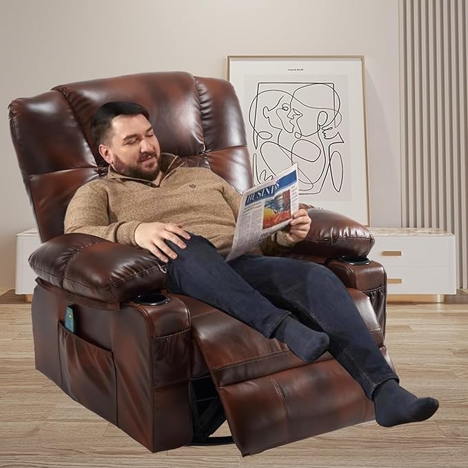 Comermax Massage Recliner Chair with Heat, 360° Swivel Rocker Recliner Chair with Cup Holders, 150° Recline PU Leather Recliner for Living Room, Brown