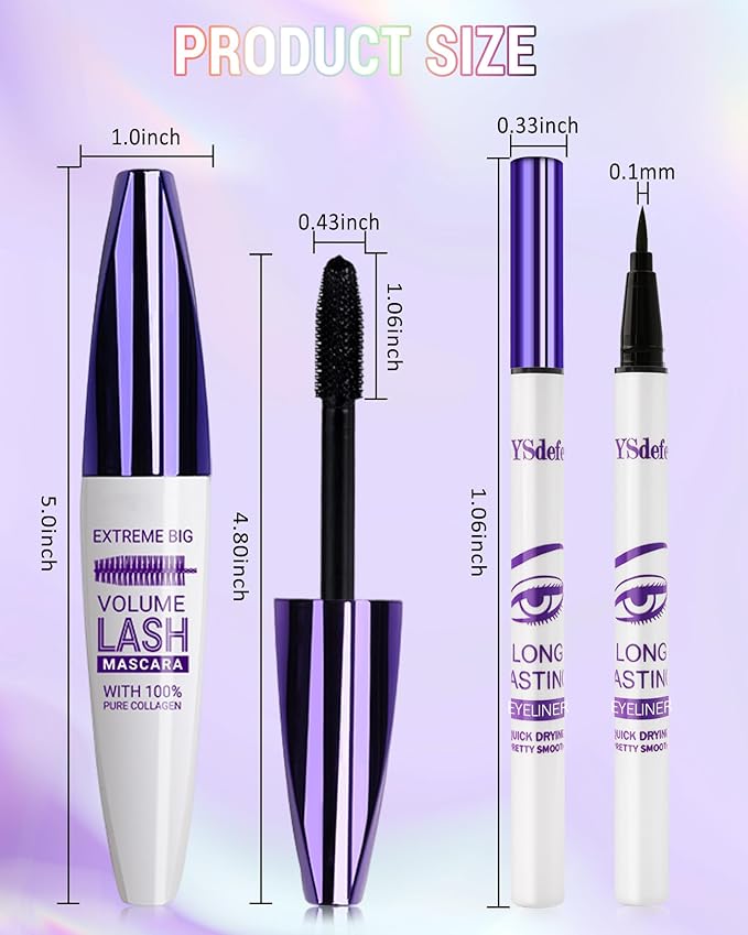 Green Mascara Liquid Eyeliner Set, Update Longlasting Waterproof Color Eye Liner Pen, 5D Silk Fiber Colored Mascara Volume and Length, Christmas Party Stage Use Eye Makeup Gift Kit for Women Girl-06