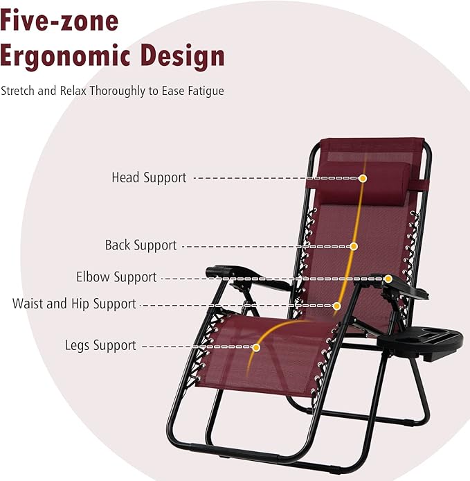Tangkula Zero Gravity Chair, Folding Patio Lounge Chair Adjustable Outdoor Recliner with Cup Holder, Wide Armrest for Patio Garden Poolside Outdoor Yard Beach, Support 350 lbs (2, Wine)