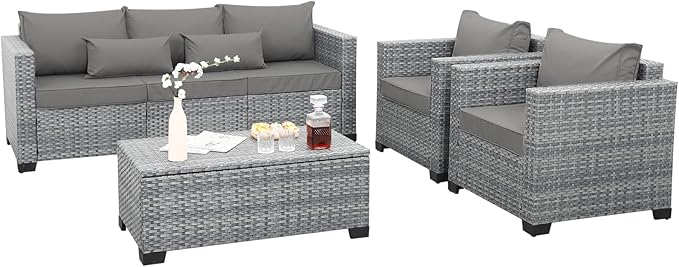 4 Piece Wicker Patio Furniture Sets Outdoor Conversation Set PE Rattan Sectional Sofa Couch with Storage Table and Grey Cushions