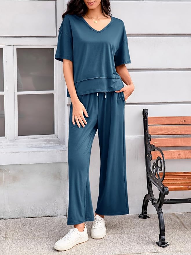 Tankaneo Womens 2 Piece Sets Casual Tracksuits Short Sleeve Tops Wide Leg Pants Outfits Lounge Sets