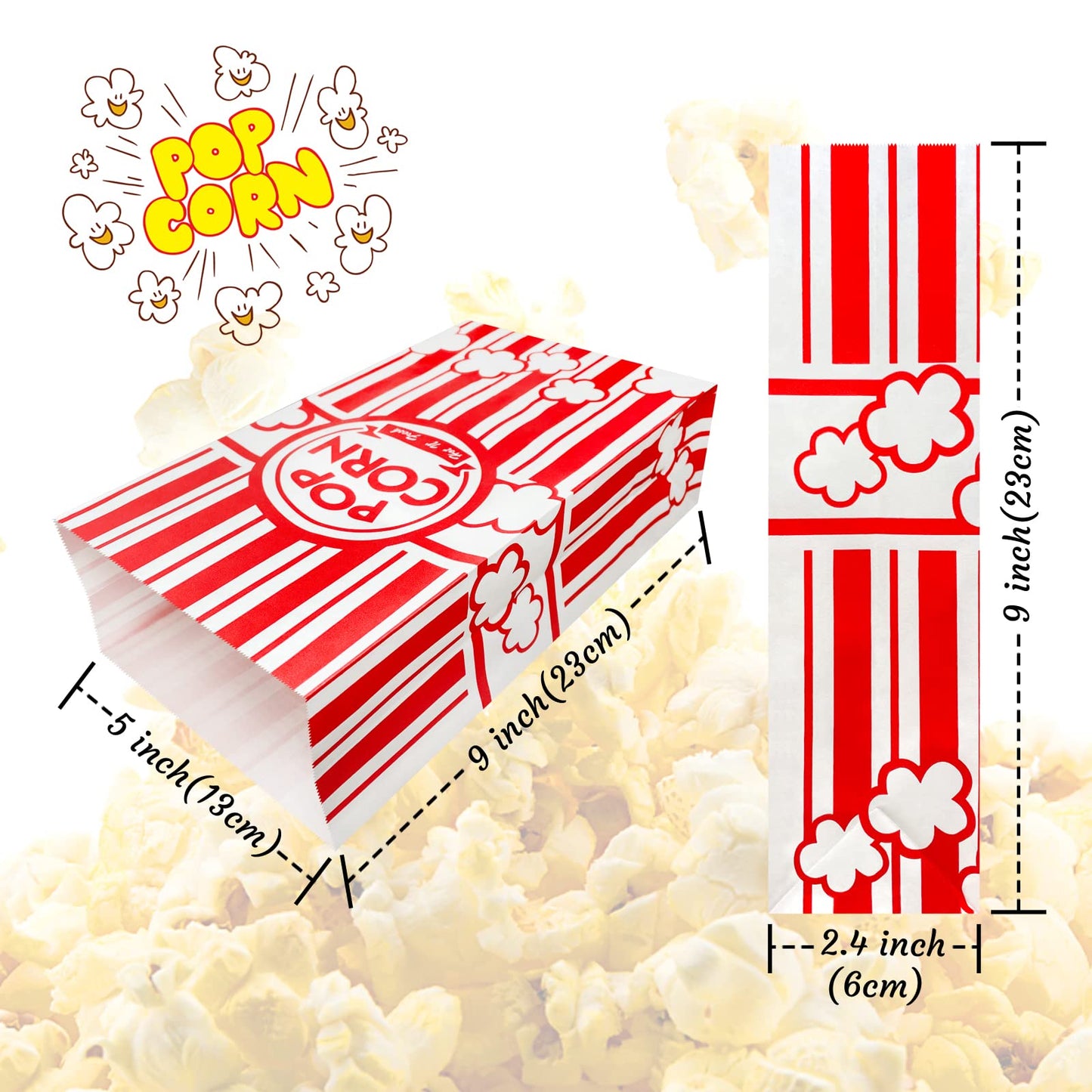 YESMONA 50 Pcs Flat Bottom Popcorn Bags, 2 oz Paper Popcorn Bags for Family Movie Night Baseball Themed Carnival Christmas Birthday Party