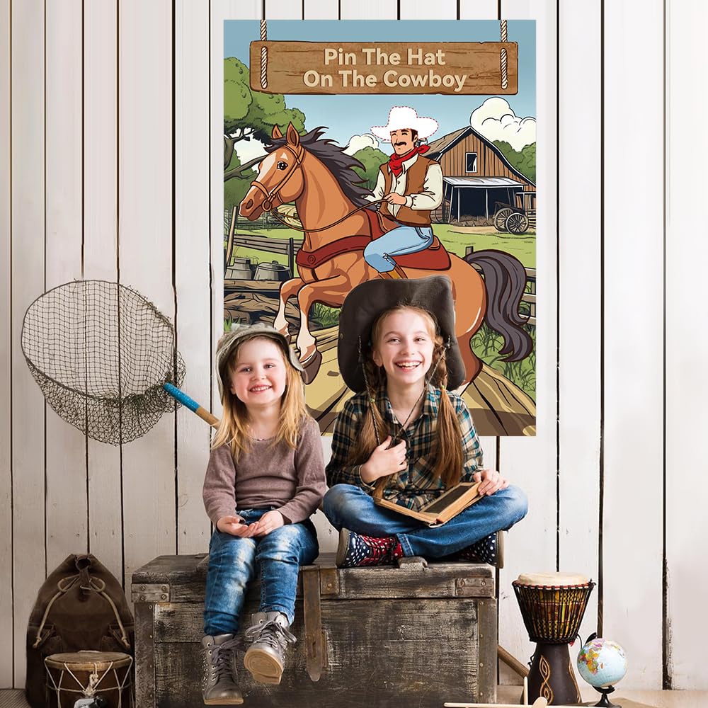 Pin The Hat on The Cowboy Party Games - Western Birthday Party Decorations Horse Theme Poster with 24 Stickers & 1 Eye Mask Wall Game Photo Background for 24 Players