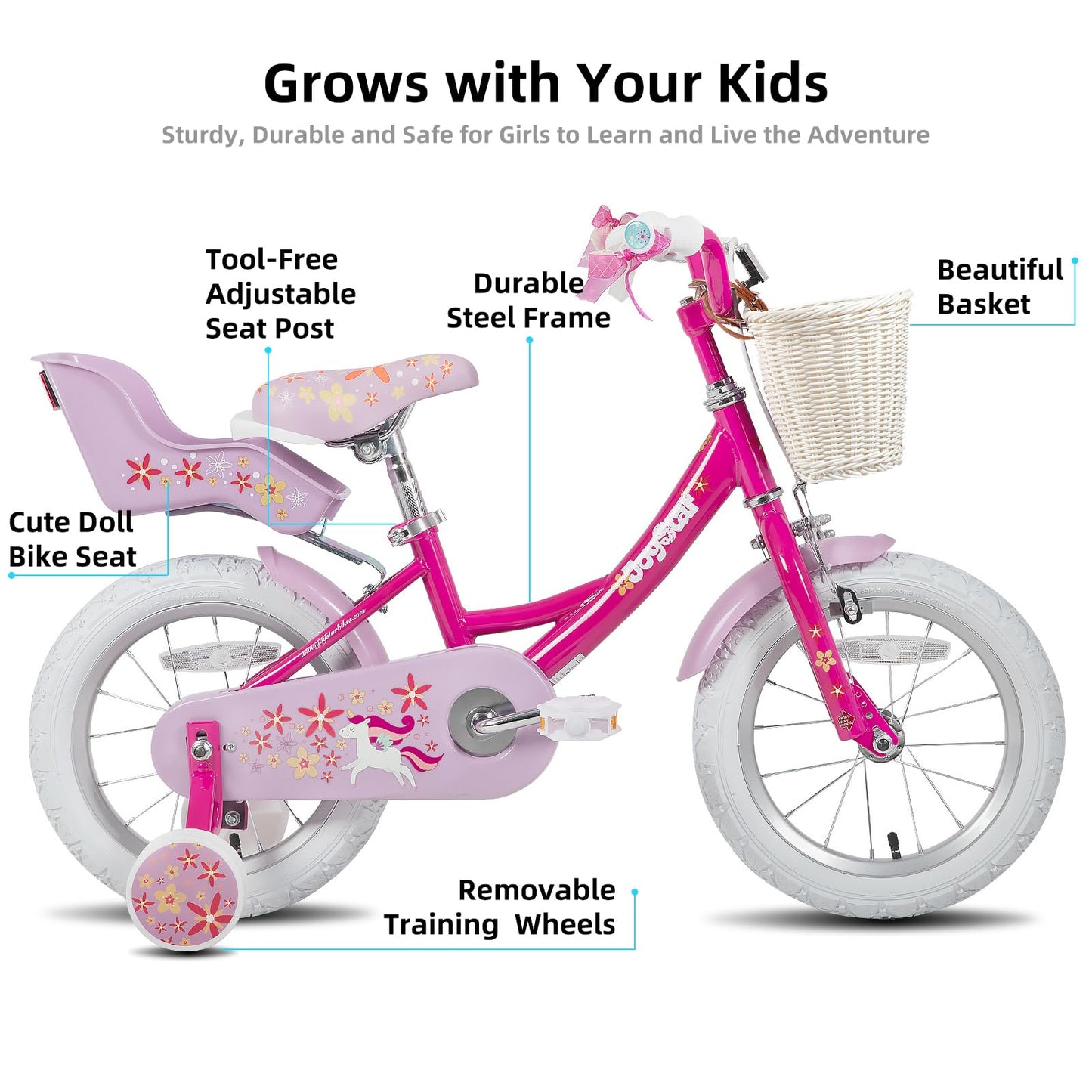 JOYSTAR Unicorn 12 Inch Kids Bike for 2-4 Years Girls Toddler Bike with Training Wheels Princess Girls Bikes with Basket Doll Seat Bike Streamers Kids Bicycles Fuchsia