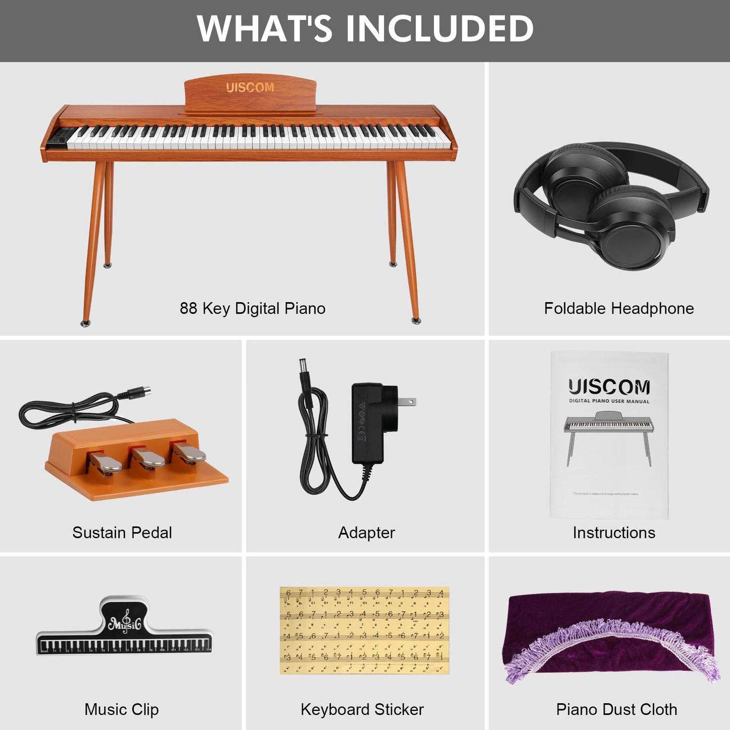 UISCOM Digital Piano Keyboard 88 Key Semi-Weighted for Beginners,Full Size Electric Piano with Stand,Triple Pedal,Adapter,Sheet Music Stand,Headphone,USB-MIDI Compatible,Wood Brown