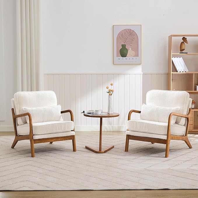 SEYNAR Mid-Century Accent Chair,Sherpa Fabric Lounge Chair with Wide Armrest,13-16.5'' Low Seat Height Armchair with Lumbar Pillow & Solid Wood Frame for Living Room, Bedroom, Balcony(Cream White)