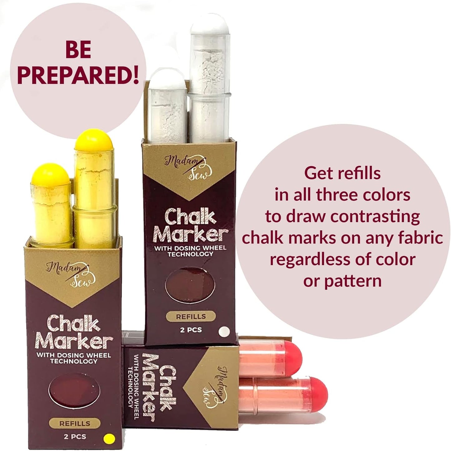 Madam Sew Fabric Chalk Markers for Sewing & Quilting | Refillable Tailors Chalk for Fabric Marking with Dosing Wheel | Ideal for Marking on Cotton, Knit, Suede (Yellow)