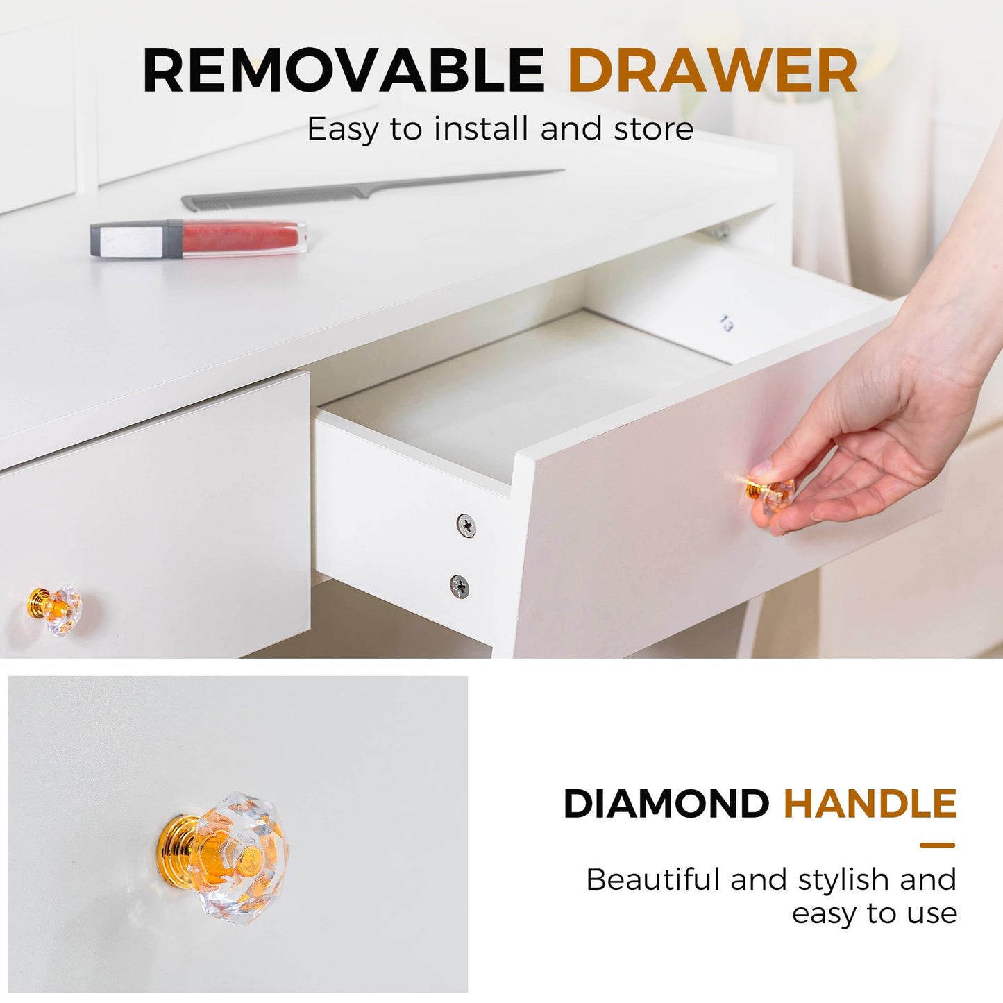 COMHOMA Makeup Vanity Desk with Mirror and Lights, Vanity Table and Chair Set with 5 Drawers & Charging Station, Bedroom Dressing Table, Stepless Dimmable & 3 Color Modes Adjustable, Snow White