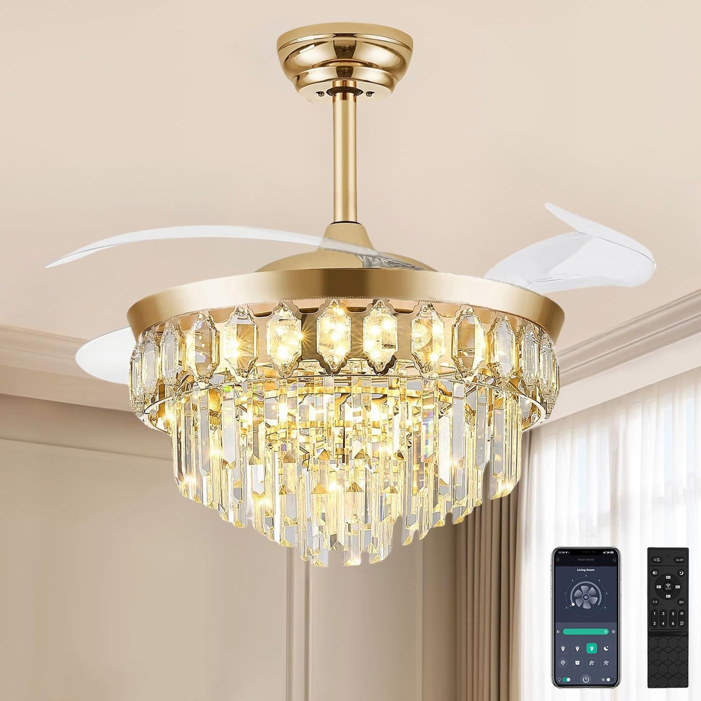FIDGRA 42 Fandelier Ceiling Fan with Light, Chandelier Fan Retractable Ceiling Fan for Bedroom, Living Room, LED Dimmable, 3