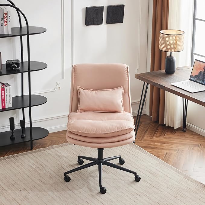 VINGLI Cloud Criss Cross Legged Chair,18" High Back Armless Home Office Desk Chair with Wheels,Wide Adjustable Comfy Padded Seat Task Computer Chair,Modern Swivel Makeup Vanity Chair,Microfiber,Pink